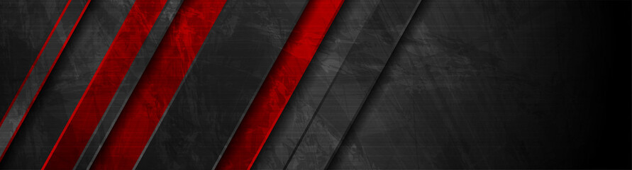 Black red geometric stripes abstract tech grunge background. Vector banner design