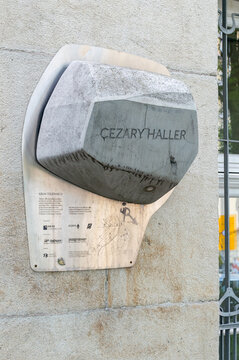 Cieszyn, Poland - June 5, 2021: Plaque dedicated to Cezary Haller.