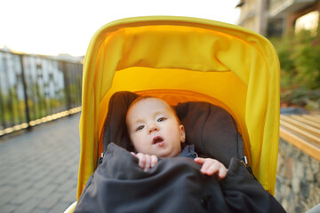 Sweet baby boy wearing warm clothes sitting in a stroller outdoors. Little child in pram. Infant kid in pushchair. Autumn walks with kids.