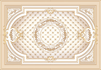 3-D symmetric ceiling painting in classic style with gold ornaments, white moldings angels, roses on beige leather background © Niko La