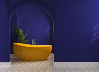Modern mid century and minimalist bathroom interior, dark blue decor concept, modern yellow bathtub with dark blue wall on concrete floor. 3d rendering