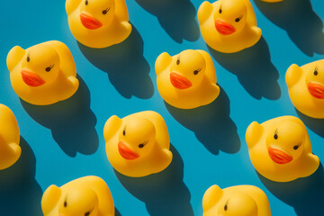 yellow rubber ducks on a blue background with hard shadows