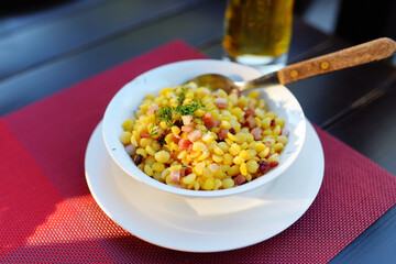 Yellow split peas with bacon, traditional snack dish of Lithuania.