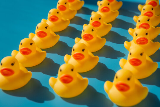yellow rubber ducks on a blue background with hard shadows