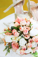 wedding bouquet of flowers and perfume and Bridal Shoes Bride's