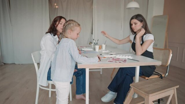 Young caucasian mother and little daughter having a painting class together. Painting on a canvas with paintbrush and colourful acrylic paints. Having a relaxing afternoon