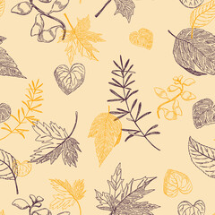 Outline foliage seamless pattern. Hand drawn vector illustration. Colored ornament with ink sketches of leaves. Botanical vintage design for fabric, textile, wallpaper, background, print, decor, wrap