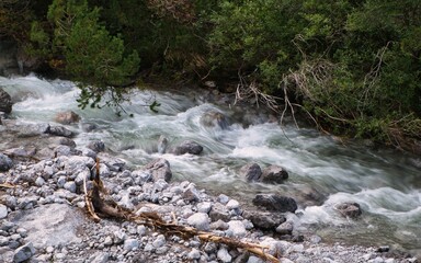 Reißender Wildbach mit schäumendem Wasser und Kiesbett neben einem Wald in den Alpen bei Gramais....