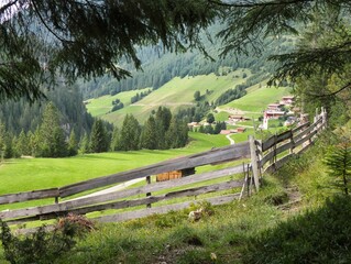 Fototapeta na wymiar Panoramablick von einem Wanderweg oberhalb der normalen Route über einen Zaun Richtung Gramais in den Alpen in Österreich mit Wanderweg unten, hohen Bergen, Hütte und Wald