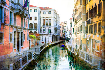 Fototapeta na wymiar Venice, Italy. Romantic venetian canals with narrow streets. Artistic picture in retro painting style