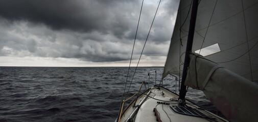 White yacht sailing in an open sea during the storm. View from the deck to the bow. Rough weather, dramatic sky, dark clouds, waves, water splashes. Transportation, travel, sport, leisure activity