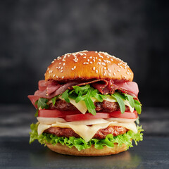 Fresh tasty burger on dark background
