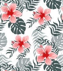 Tropical hibiscus flower design pattern, tropical vector pattern