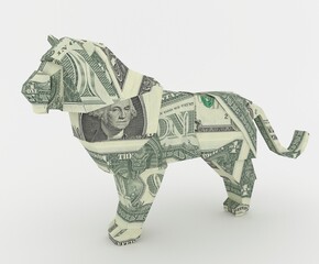 Dollar Tiger. Money origami. Symbol animal of Chinese New year 2022 made from American One dollar bill.  Paper folded. 3D illustration for financial calendar. Money art concept.  Chinese Zodiac sign