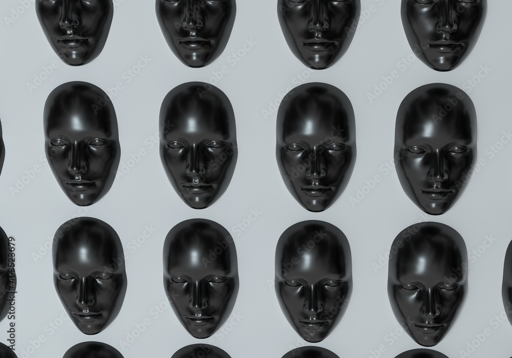 Poster surreal 3d illustration of multiple faces in a wall. crowd of people and social issues concept.