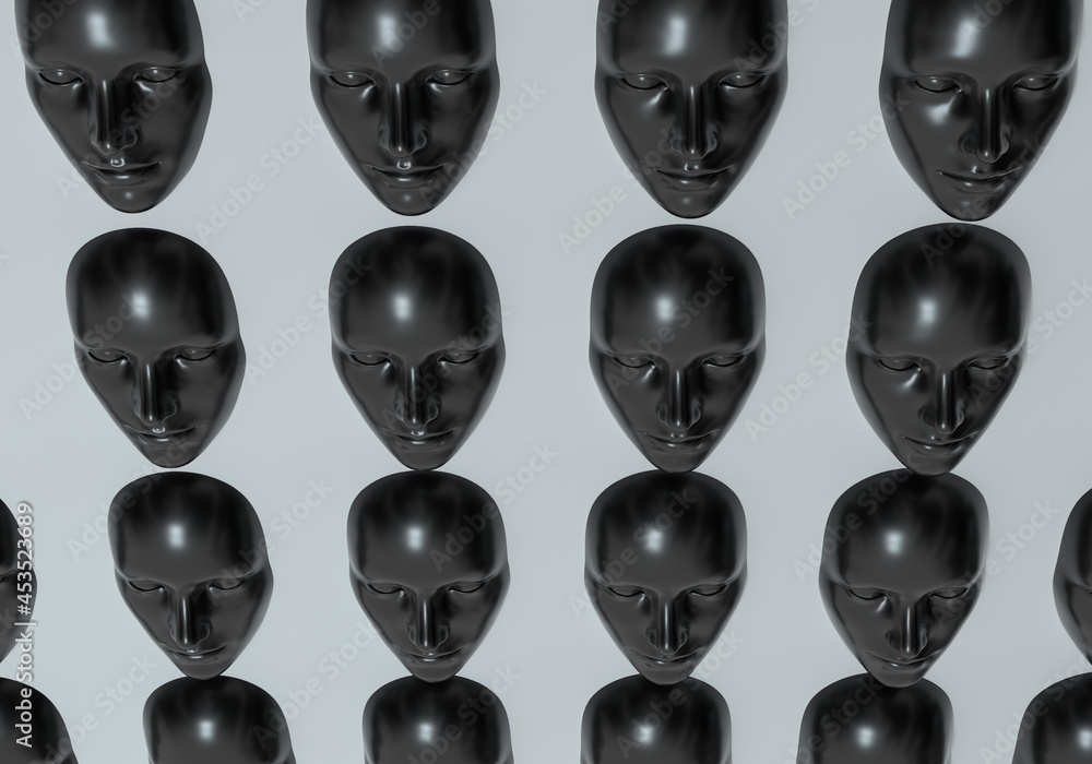 Poster surreal 3d illustration of multiple faces in a wall. crowd of people and social issues concept.