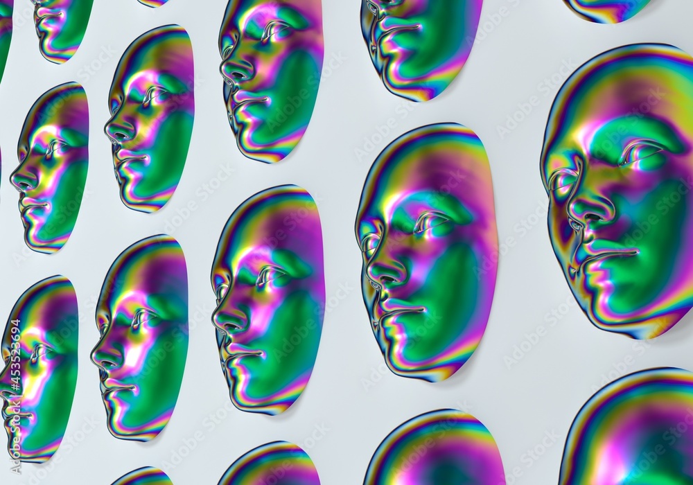 Aufkleber Surreal 3d illustration of multiple faces in a wall. Concept of AI and swarm intelligence.