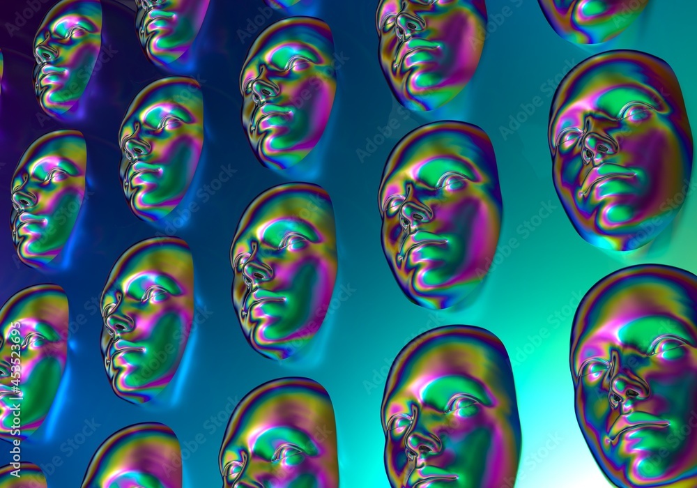 Poster Surreal 3d illustration of multiple faces in a wall. Concept of AI and swarm intelligence.