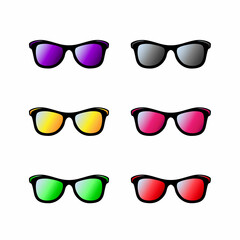 Colorful multicolored sunglasses, glasses isolated on white background, with gradient lenses. Fashionable summer symbol. Vector illustration.