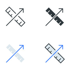 Ruler and up arrow for measuring height or width, analysis. Architecture concept. Objective measuring. Professional growth. Measurement icon. Vector illustration. Design on white background. EPS10