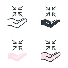 Hand and focus symbol with four arrows combinations inside for target, Opportunity Detection for business marketing strategy. Objective icon. Vector illustration. Design on white background. EPS10