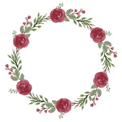 red roses wreath, circle frame with red roses and leaves border