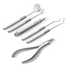 Basic Dentist Instruments and Tools Laid out Against White Background. A set of Metal Medical Equipment for Teeth Dental Care. Dental Hygiene and Healthcare Concept