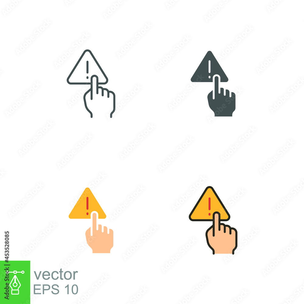 Aufkleber index finger touch triangle warning symbol with exclamation mark inside for no manage hand sign. fin
