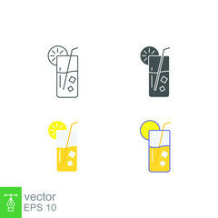 Orange Juice with lemonade slice, ice cubes and straw for drinks vacation icon. Cold Drink. Summer Cocktail with ice and lime. Mojito in glass. Vector illustration. Design on white background. EPS10