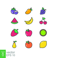 Set of Fruits, Tropical organic fruit fresh organic in colorful silhouette. Apple, mangosteen, cherry, pear, etc. Fruity icon set filled outline style Vector illustration Design white background EPS10
