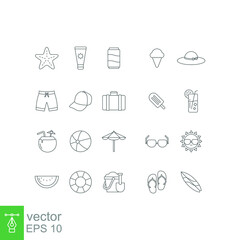 Summer vacation and beach set. Summertime icon set in outline color style include sun glasses, beach ball, star fish, hat, sunblock, softdrink, etc Vector illustration Design on white background EPS10