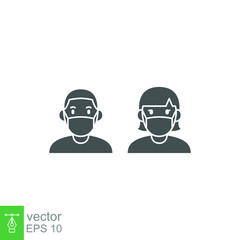 a man and woman wear a mask icon. People wearing protective surgical mask. Concepts of dust, coronavirus quarantine Covid-19 Notice Safety sign solid Vector illustration Design white background EPS10