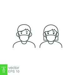 a man and woman wear mask icon. People wearing protective surgical mask. Concept of coronavirus disease quarantine Covid-19 Notice Safety sign line Vector illustration Design white background EPS10