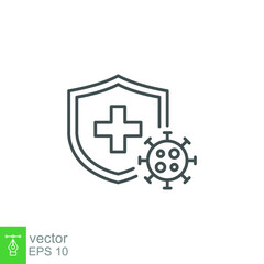 Immune from flu germ icon. Stop bacteria and viruses prohibition sign. Virus protection, hygiene shield, bacterial prevention. Thin line web symbol Vector illustration Design on white background EPS10