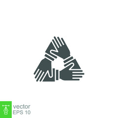 Three hands support each other. Collaboration teamwork thin line solid. Support, Business friendship and partnership sign. unity in diversity. Vector illustration. Design on white background. EPS10