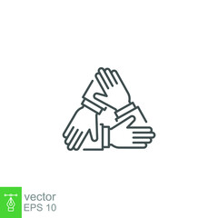 Four hands support each other. Collaboration teamwork thin line stroke. Support, Business friendship and partnership sign. unity in diversity. Vector illustration. Design on white background. EPS10