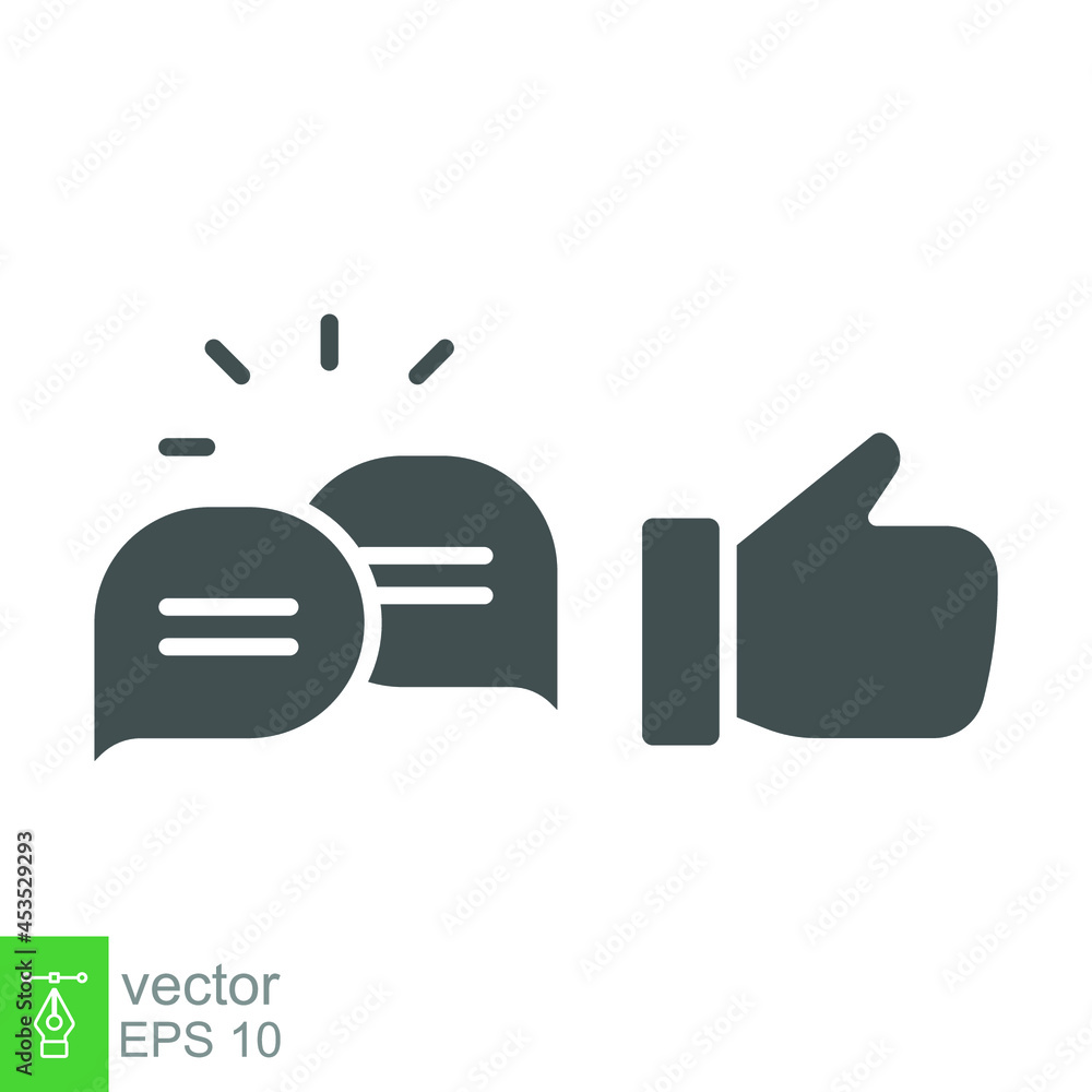 Poster likes with comment icon solid symbol. finger thumb and bubble message for chatting and give positive