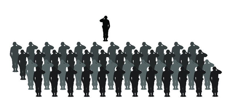 Saluting army soldiers against officer commander vector silhouette illustration isolated on white background. Troop formation force parade demonstration. Patriot armed man on duty. Service against war