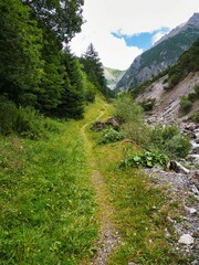 Enger wunderschöner Pfad beim Wandern in den Alpen in Österreich auf der Tour zum Kogelsee