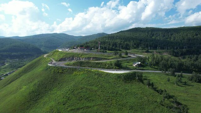 The Baikal serpentine road - aerial view of natural mountain valley with serpantine road, Trans-Siberian Highway, Russia, Kultuk, Slyudyanka