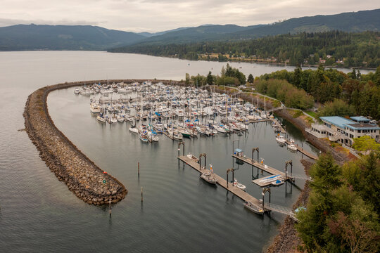 Aerial View of John Wayne Marina, Sequim, Washington. Sits on land donated by the famous actor&rsquo;s family in recognition of his vision of a marina in the scenic Sequim Bay.