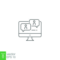 Fototapeta premium Webinar, online meeting education. Monitor screen with discussion dialog symbol for Virtual classroom on streaming in web or application. Line Vector illustration. Design on white background. EPS 10
