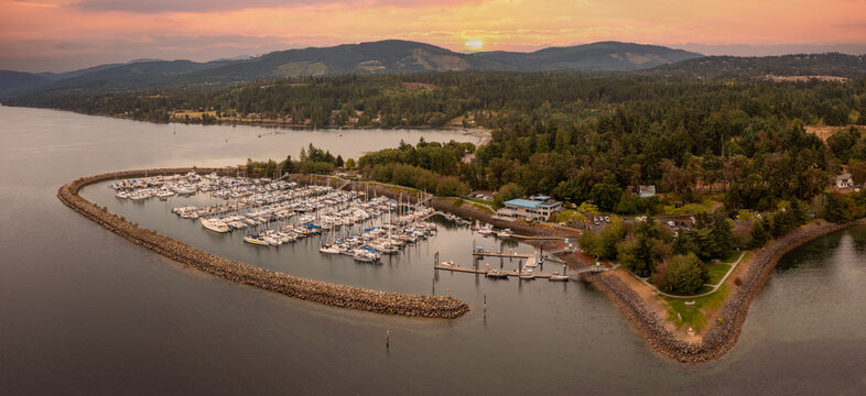 Aerial View of John Wayne Marina, Sequim, Washington. Sits on land donated by the famous actor&rsquo;s family in recognition of his vision of a marina in the scenic Sequim Bay.