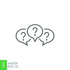 Three linear chat speech message icon. Speak bubble in forum discussion chatting. Group social communication with question mark in circle. Line Vector illustration. Design on white background. EPS 10