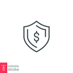 Guarantee financial, protect dollar icon. money insurance with shield. currency wealth badge. savings and investment safety care. Editable stroke vector illustration. Design on white background EPS 10
