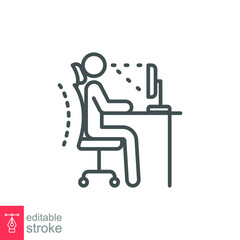 Ergonomic workplace icon. Computer desk workstation infographic correct postures office syndrome of back body position for spine, neck care, eye sight . Editable stroke Vector illustration. EPS 10