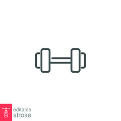 Gym sport, dumbbell icon. Short bar with a weight at each end for exercise or muscle building. Heavy barbell, weight lifting. Editable stroke vector illustration. Design on white background EPS 10
