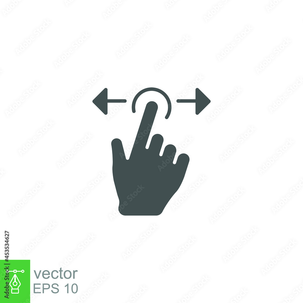 Poster hand swipe icon. horizontal scroll page symbol. pointing finger hand cursor with right and left arro