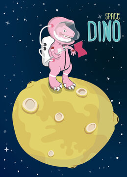 Pink Astronaut Dinosaur Standing On The Beautiful Yellow Meteorite In The Gloomy Planet With Group Of Star, Cute Images For Printing On T-shirts, Cartoon Character Concept On Vector Illustrator