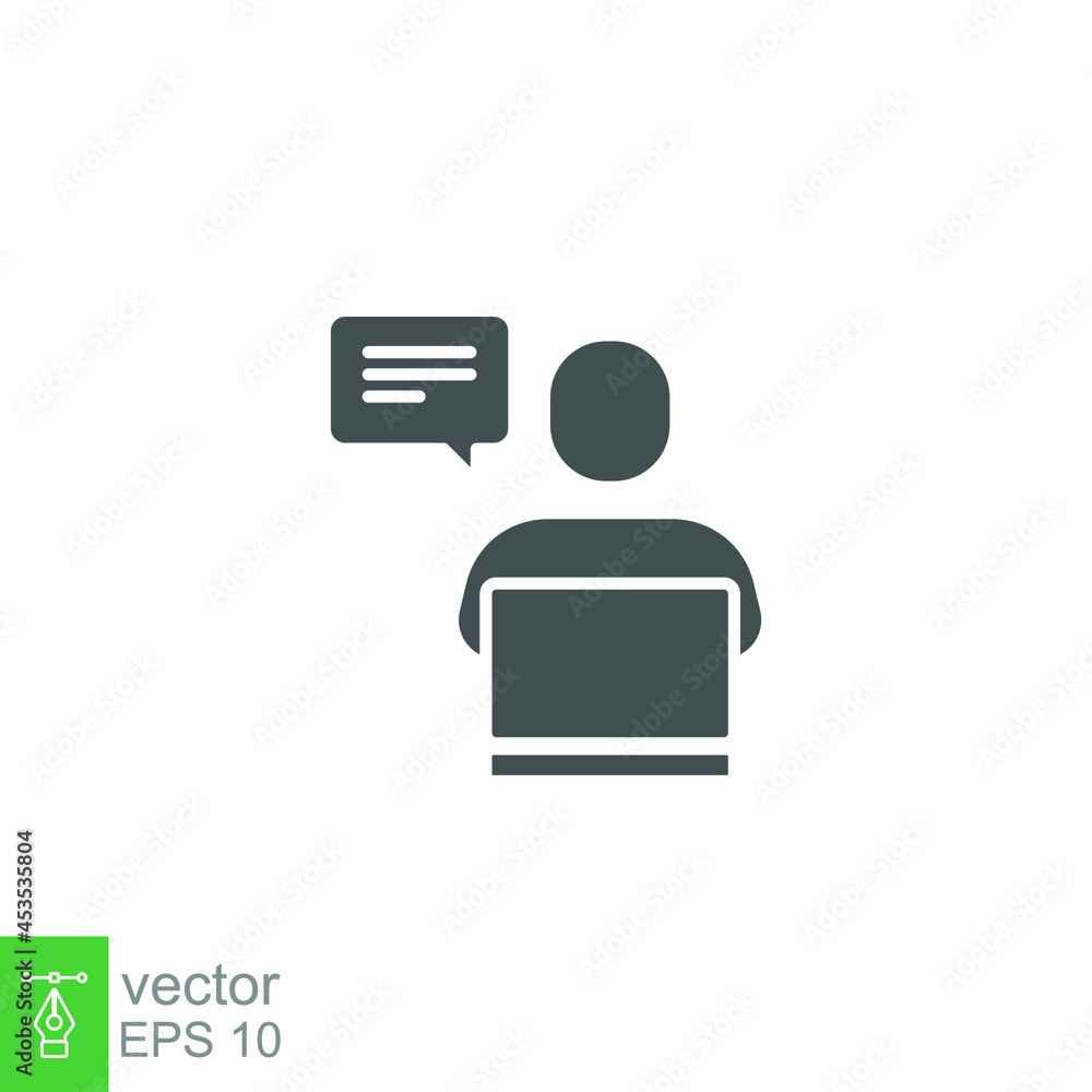 Poster business concept team assistant glyph icon. man with computer and speech bubbles for client services